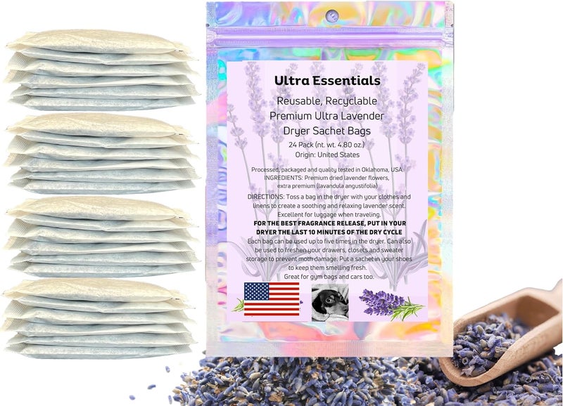 Ultra Essentials Lavender Sachet for Dryer, Closet & Drawer Fragrance, Freshens Laundry, Naturally Scented Sachets for Shoes, Gym Bags, Cars & Sweater Storage w/Premium Extra Flowers, Grown in USA - Image 1